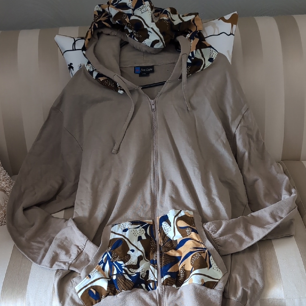 Women's Tan Hooded Jacket with Patterned Accents